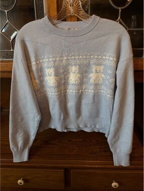 Orange Kiss Teddy Bear Sweater M Baby Blue Fair Isle Cropped Coquette